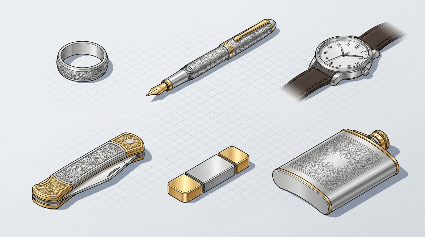 Типовые подарки мужу с гравировкой: кольцо, ручка, часы, нож, USB-флешка, фляжка