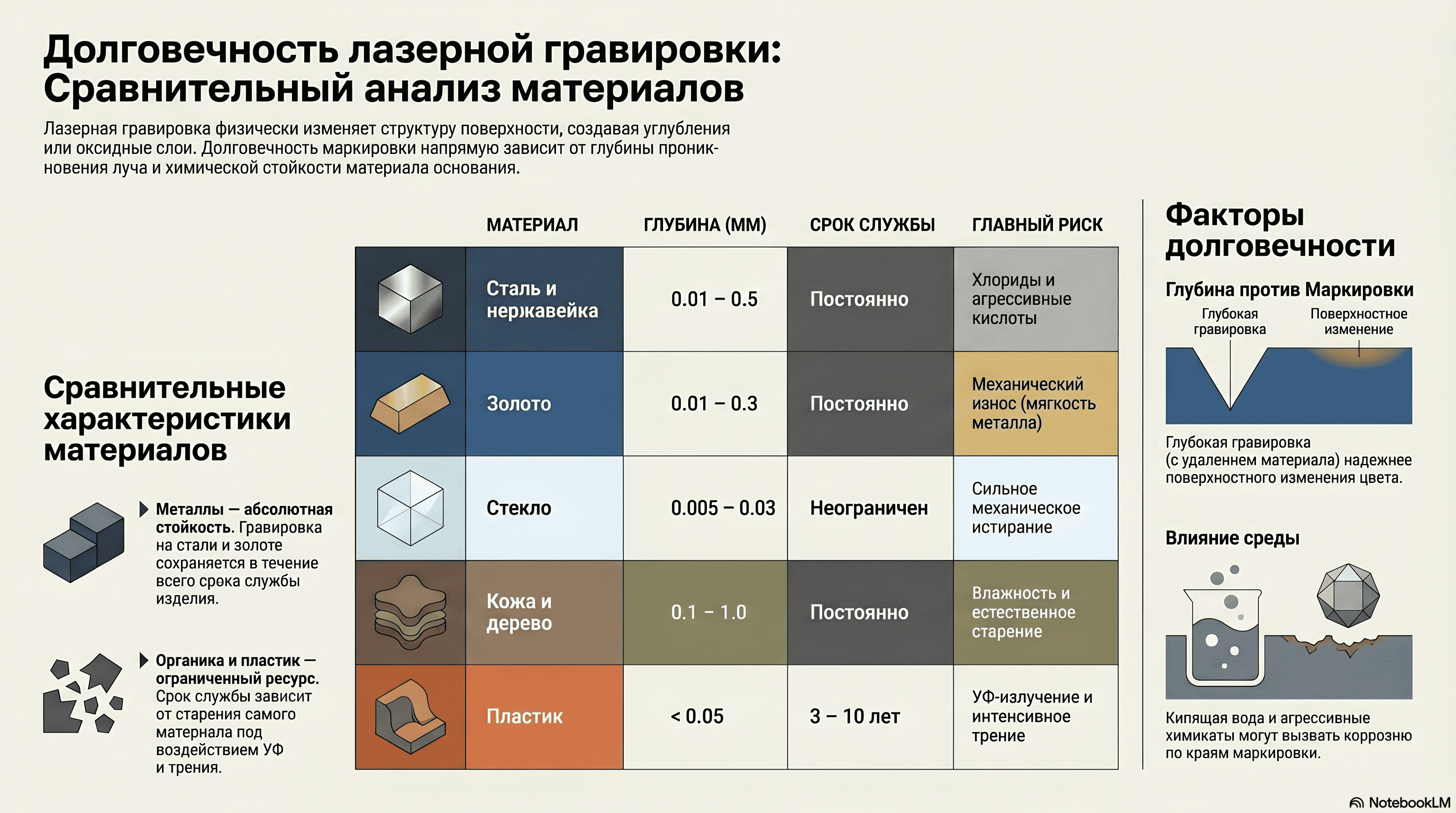Долговечность лазерной гравировки по материалам — сравнительная таблица