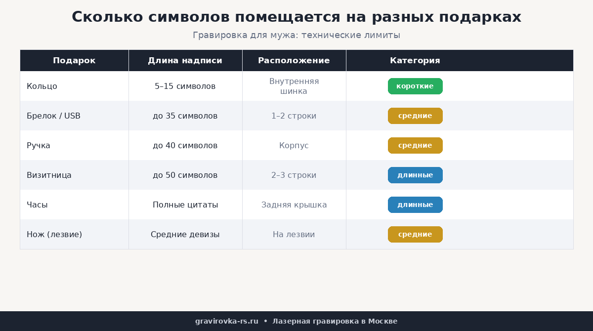 Сколько символов помещается на разных подарках: кольцо 5-15, ручка до 40, визитница до 50