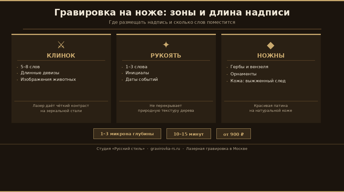 Инфографика: зоны гравировки на ноже — клинок, рукоять, ножны — и оптимальная длина надписи